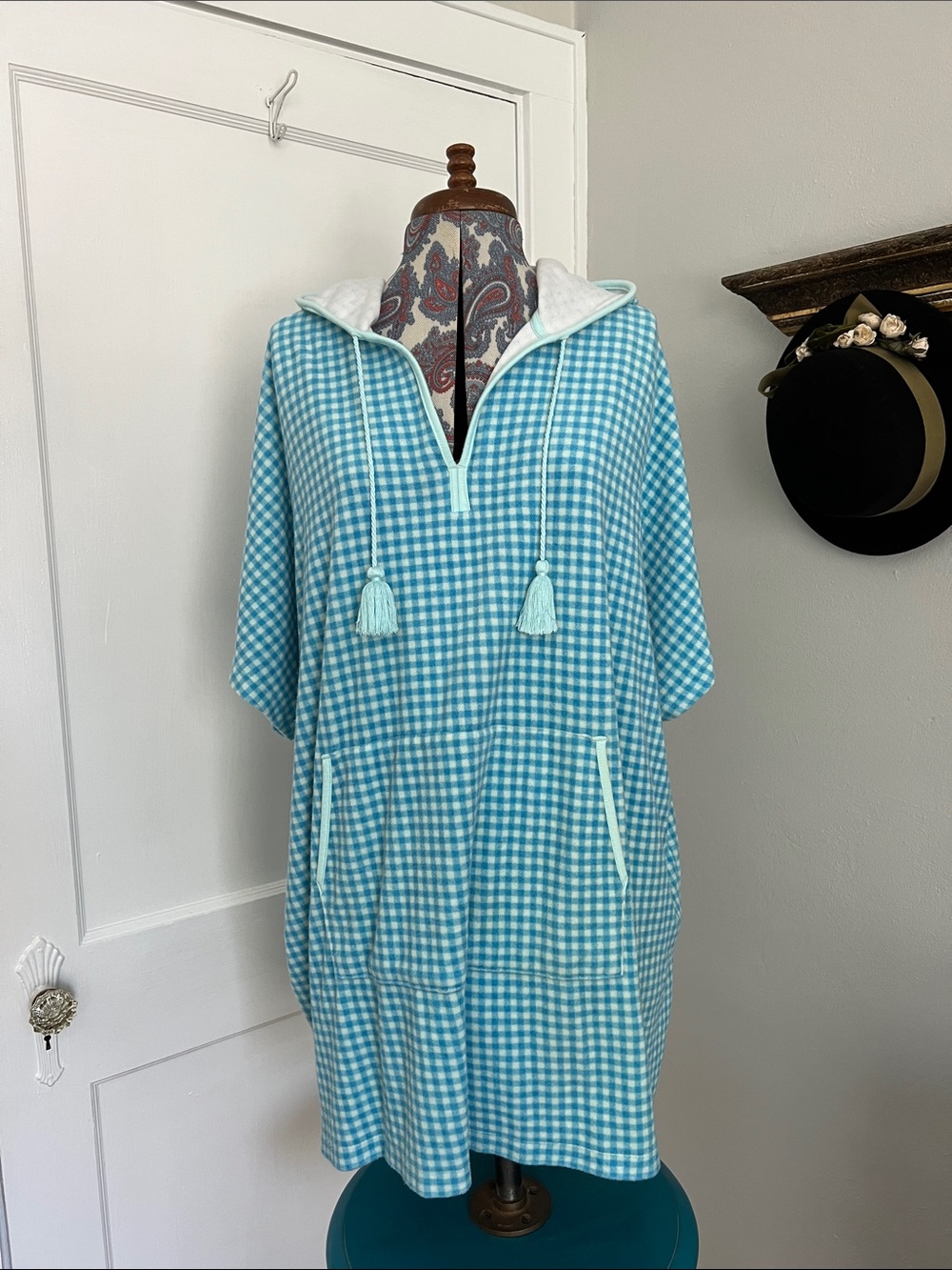 Women’s Lands’ End French Terry Aqua Gingham Hooded Poncho Coverup